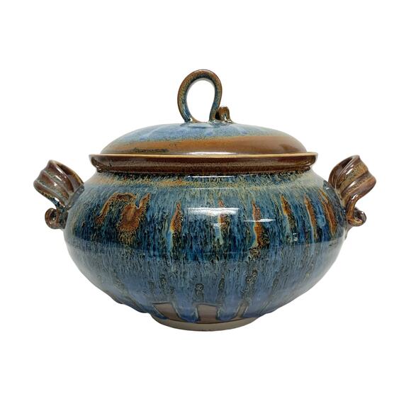 Artist Signed oRuchat Blue Brown Decorative Glazed Ceramic Lidded Pottery - Picture 1 of 10